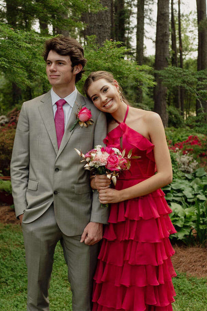 Halter Keyhole Ruffle Tiered Prom Dress with Slit