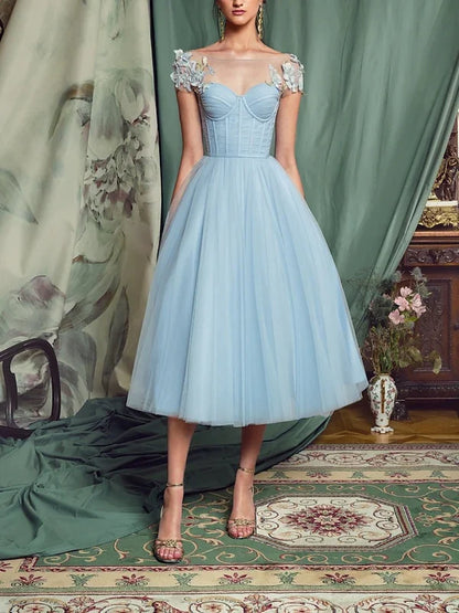 Princess Light Blue A-Line Homecoming Dresses Corset Dress Midi Dresses Floral Tulle Party Dresses, LTP3079