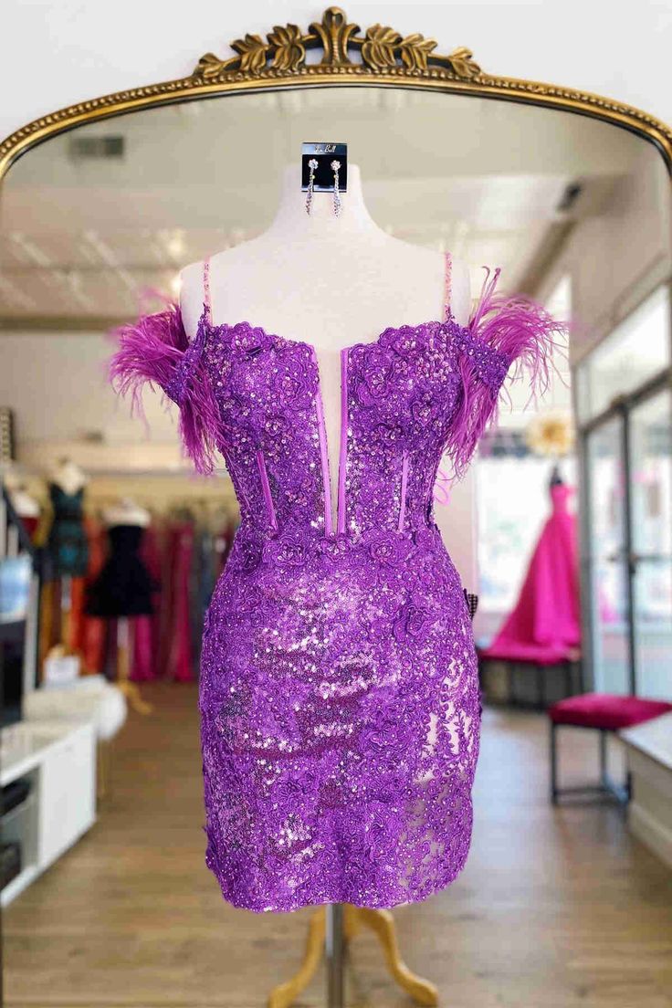 Purple Bodycon Sequin Homecoming Dresses Feather Mini Party Gown, LTP2954