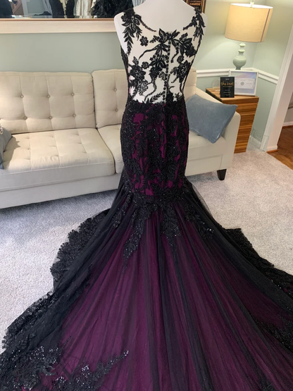 Black and Purple Wedding Dress, Gothic Wedding Dress, Trumpet Black Dress, Formal Dress     fg2556