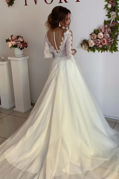 Princess Long Sleeves A-line Ivory Wedding Dress with Lace       fg3132