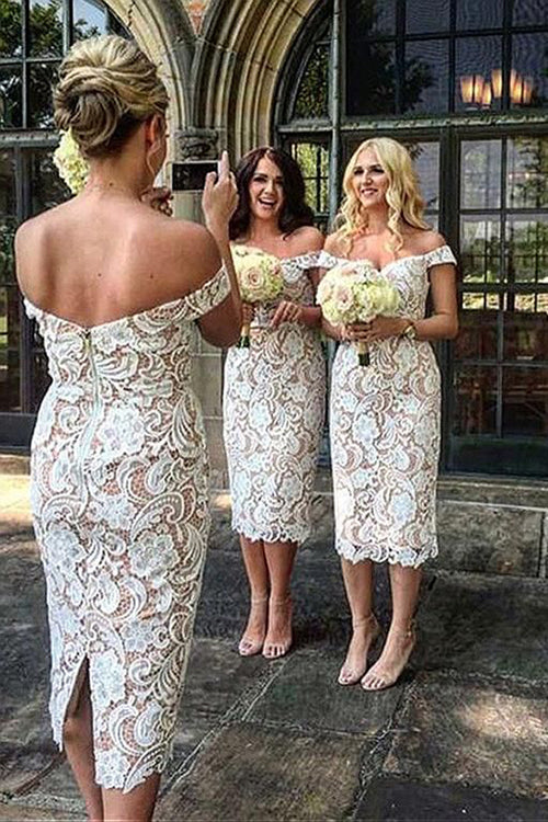 Sheath Off the Shoulder White Lace Long Bridesmaid Dresses,Elegant Bridesmaid Dresses     fg2200