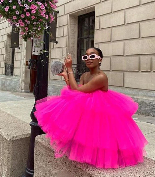 Chic Fuchsia Ruffles Short Tulle Dresses Women Puffy A-line Homecoming Dress     fg1765