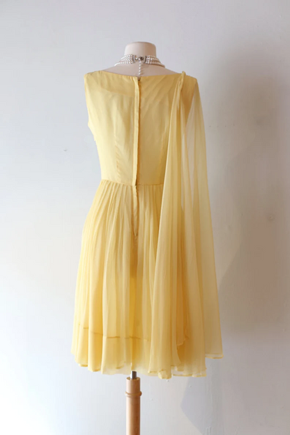 Chiffon Party Dress Vintage 60s Pale Yellow Cocktail Dress With Trailing Shoulder Sash      fg5623