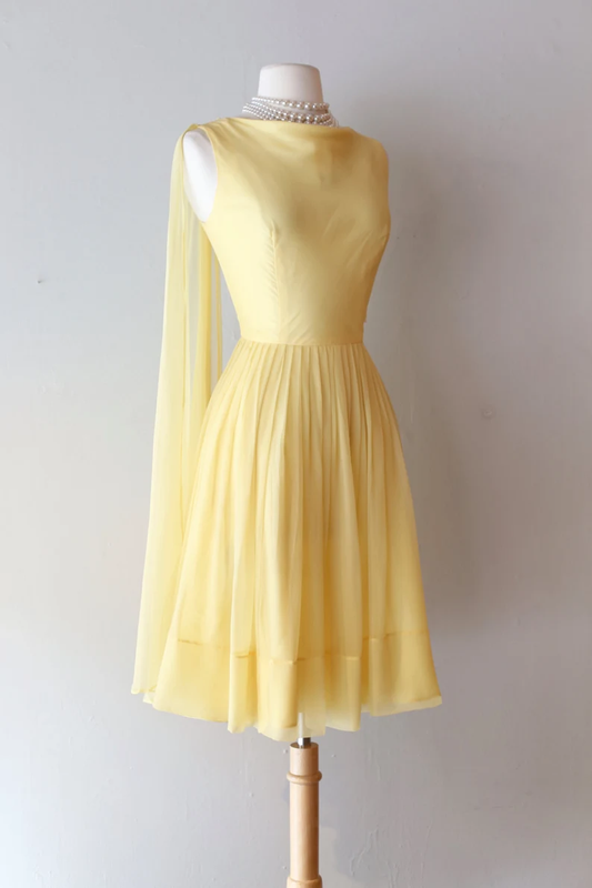 Chiffon Party Dress Vintage 60s Pale Yellow Cocktail Dress With Trailing Shoulder Sash      fg5623