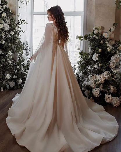 Boho Square Neck Wedding Dress with Sparkling Stone Crystals Cape Features Chiffon Sleeves Formal Event Gown       fg3941