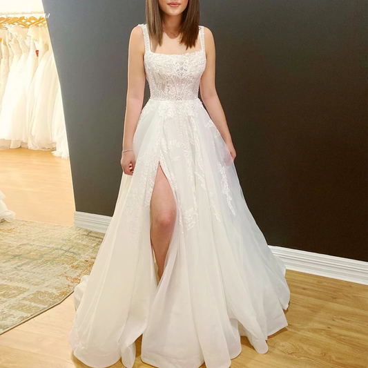 Charming A Line Square Neck Tulle Wedding Dresses with Appliques      fg5940