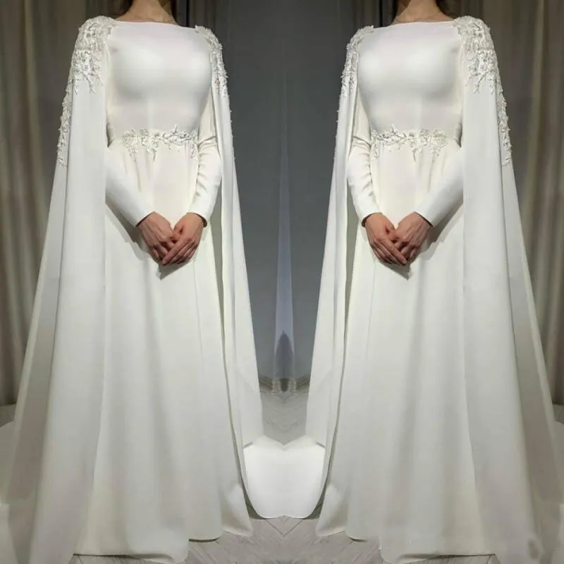 Muslim Wedding Dress with Cape Long Sleeves Beading Plus Size Satin Bridal Gowns     fg6020