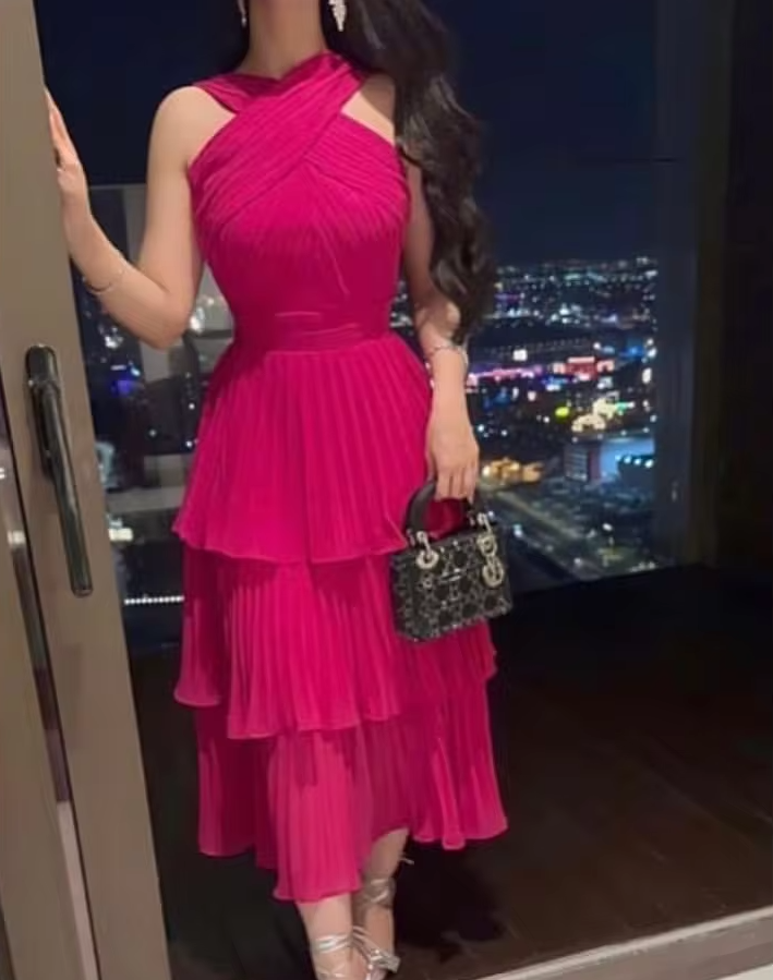 Fuchsia long pleated evening dress, cocktail dress, special occasion dress     fg6053