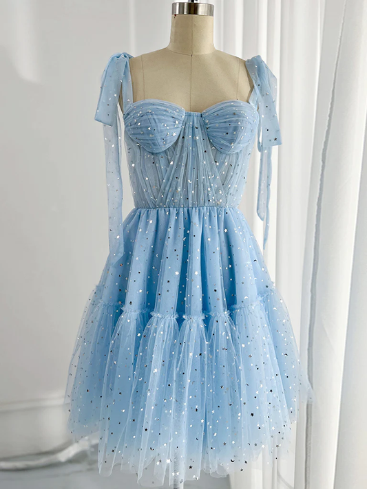 A-Line Sweetheart Neck Tulle Blue Short Homecoming Dresses B198