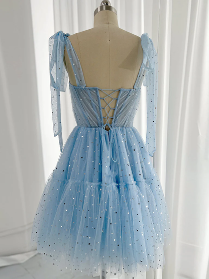 A-Line Sweetheart Neck Tulle Blue Short Homecoming Dresses B198