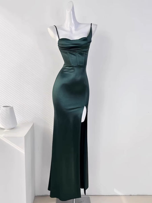 Sexy Mermaid Sleeveless Green Satin Long Prom Dress B345