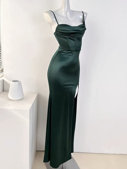 Sexy Mermaid Sleeveless Green Satin Long Prom Dress B345