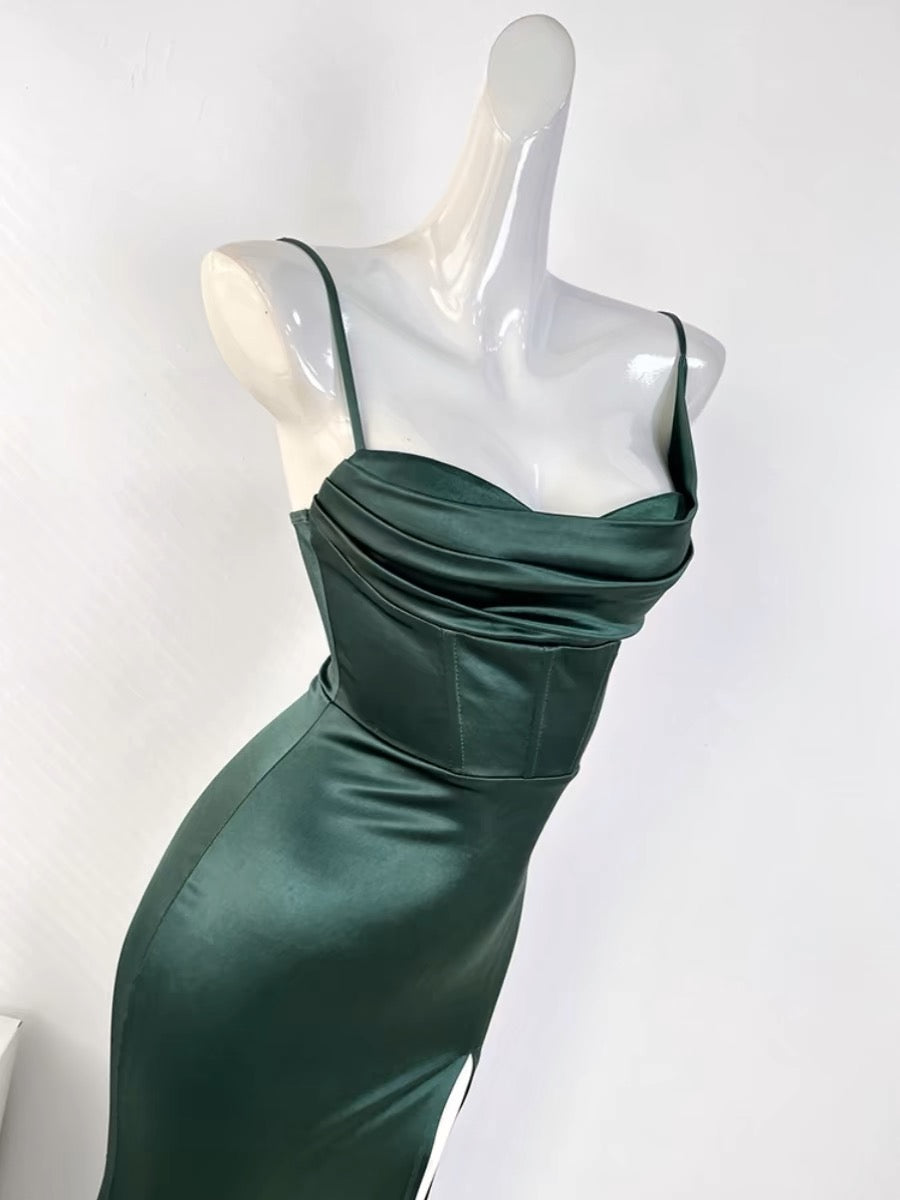 Sexy Mermaid Sleeveless Green Satin Long Prom Dress B345