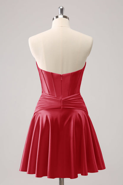 Burgundy A Line Sweetheart Strapless Keyhole Satin Homecoming Dress