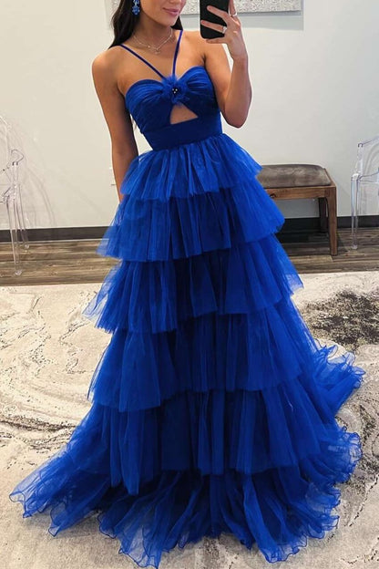 Emmeline| Blue Print Halter Keyhole Ruffle Tiered Long Prom Dress