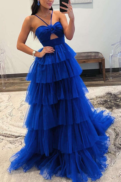 Emmeline| Blue Print Halter Keyhole Ruffle Tiered Long Prom Dress