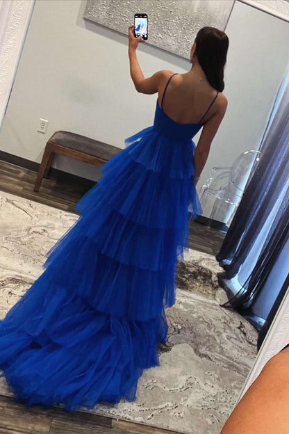 Emmeline| Blue Print Halter Keyhole Ruffle Tiered Long Prom Dress