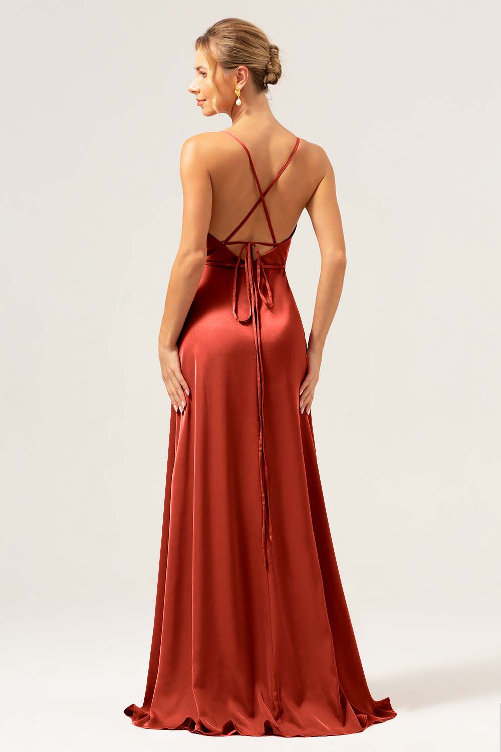 Burgundy A Line Spaghetti Straps Backless Satin Long Bridesmaid Dress with Slit