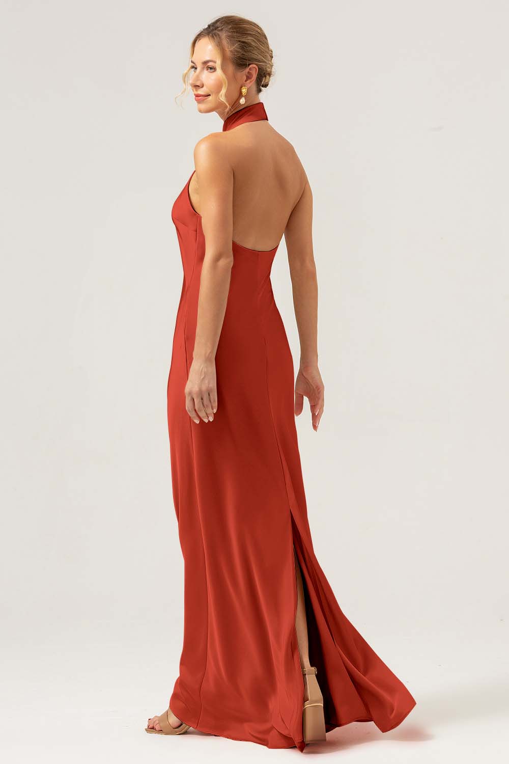 Champagne Sheath Halter Long Bridesmaid Dress With Slit