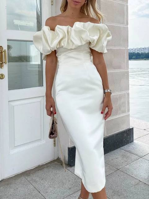 Puffy Cloud Off The Shoulder Tea Length Tight Elegant White Party Dresses Summer Homecoming Dresses After Party Wedding Dresses