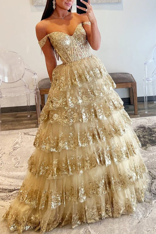 Leona |Princess Off the Shoulder Sequined Lace Prom Dress