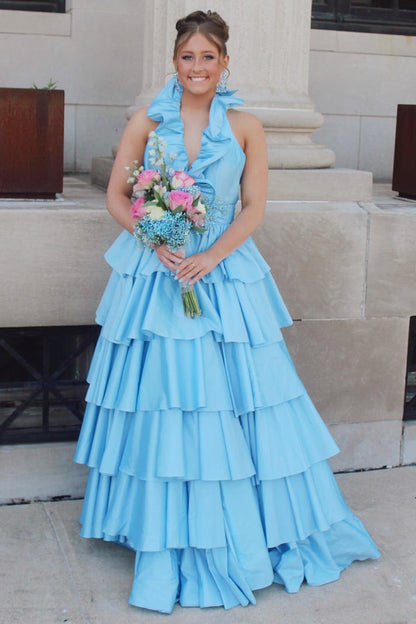 Flora | Halter Red Ruffle Tiered A-Line Prom Dress