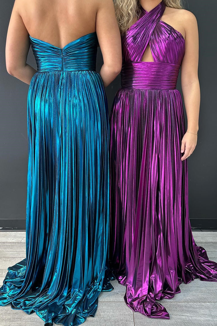 Peacock Blue Halter Neck A-Line Long Prom Dress With Split