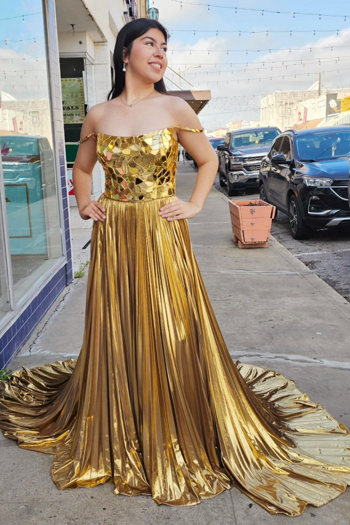 Yesenia | Metallic Off-the-Shoulder Pleated Prom Dress with Broken Mirrors