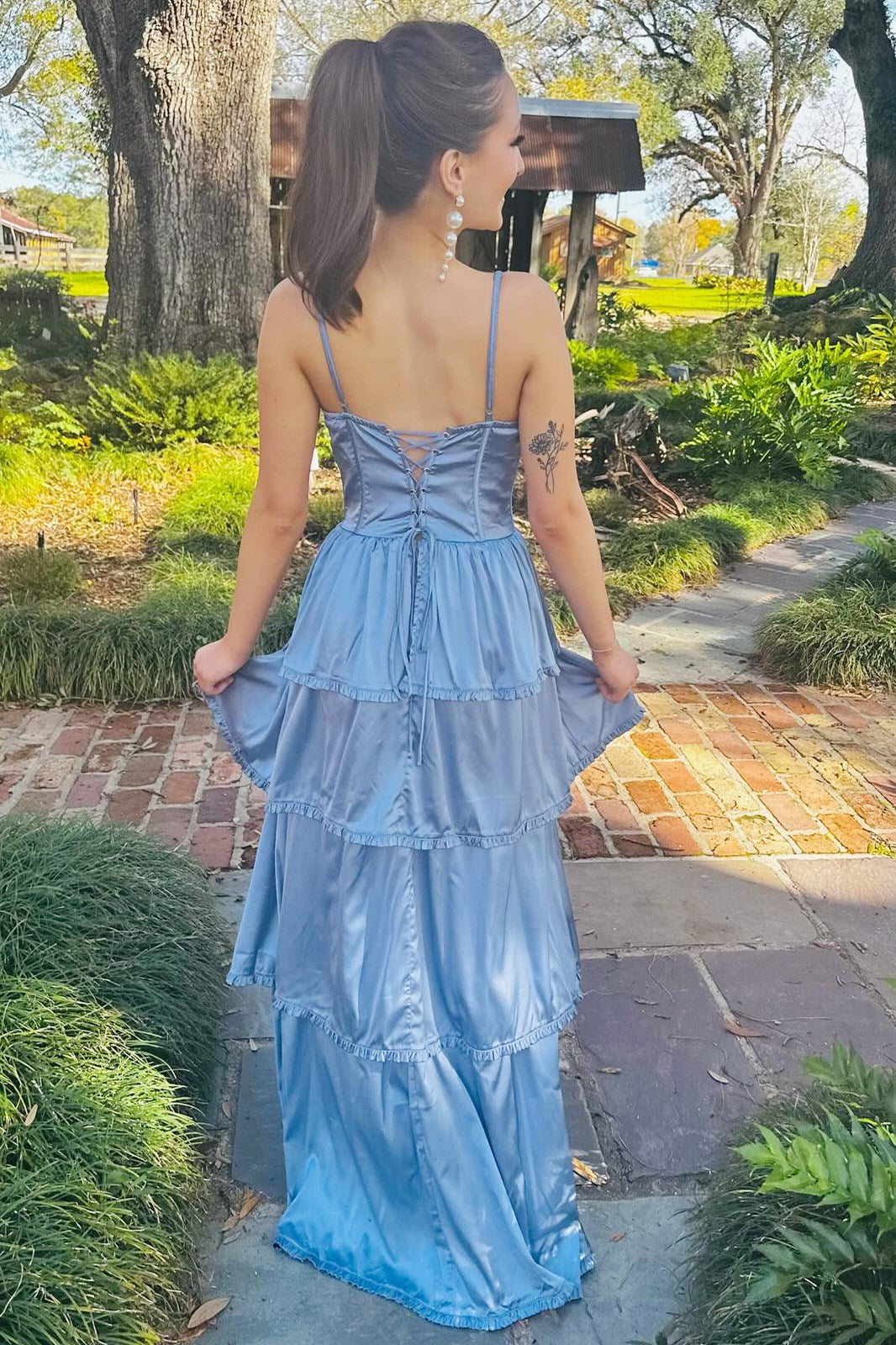 Periwinkle Corset Multi-Layer Ruffle Long Prom Dress