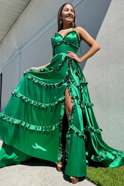 A-Line Green V-Neck Backless Ruffle Prom Dresses with Slit