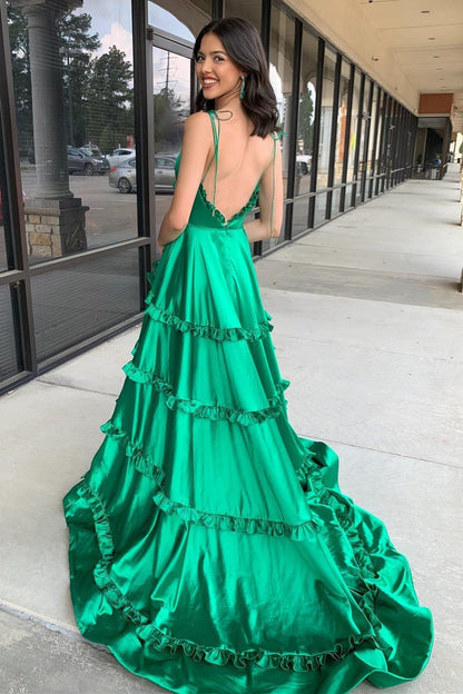 A-Line Green V-Neck Backless Ruffle Prom Dresses with Slit