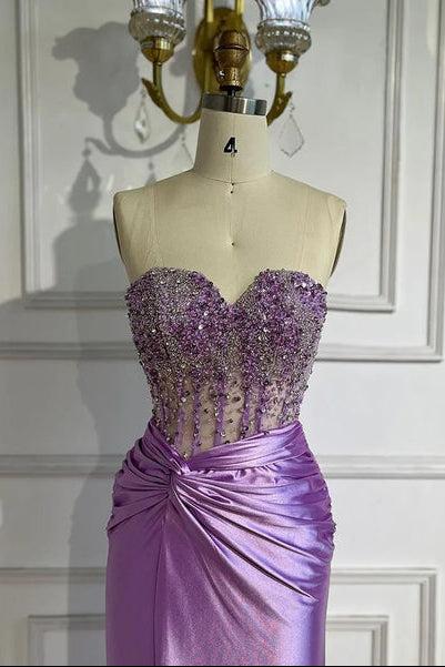 Eirene | Purple Sweetheart Mermaid Satin Long Prom Dress with Beading