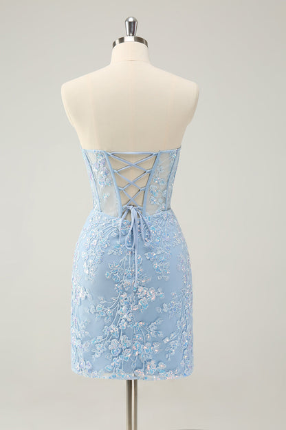 Light Blue Corset Sequins Sweetheart Short Tight Homecoming Dress with Lace-up Back