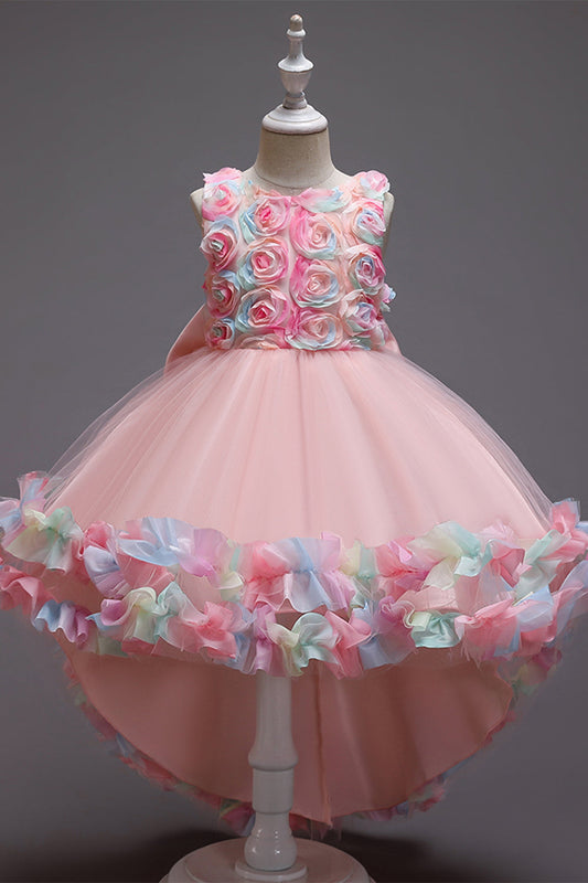 Pink Flower Girl Dress with Flowers and Bowknot