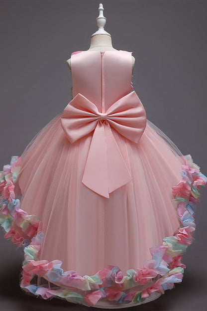 Pink Flower Girl Dress with Flowers and Bowknot