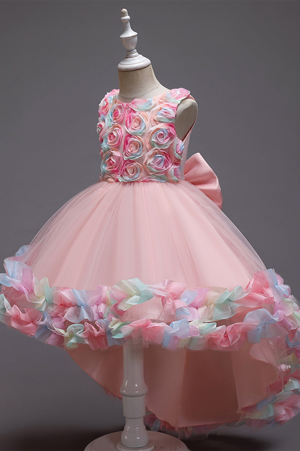 Pink Flower Girl Dress with Flowers and Bowknot