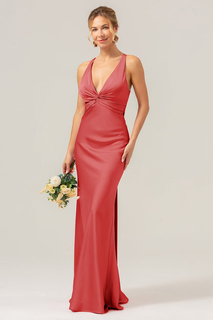 Pink Mermaid V Neck Ruched Satin Long Bridesmaid Dress with Lace Up Back