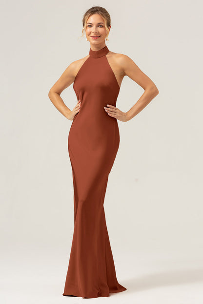 Champagne Sheath Halter Long Bridesmaid Dress With Slit