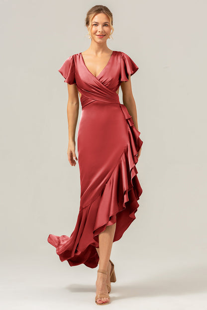 Olive A Line V Neck Satin Asymmetrical Bridesmaid Dress with Ruffle Slit