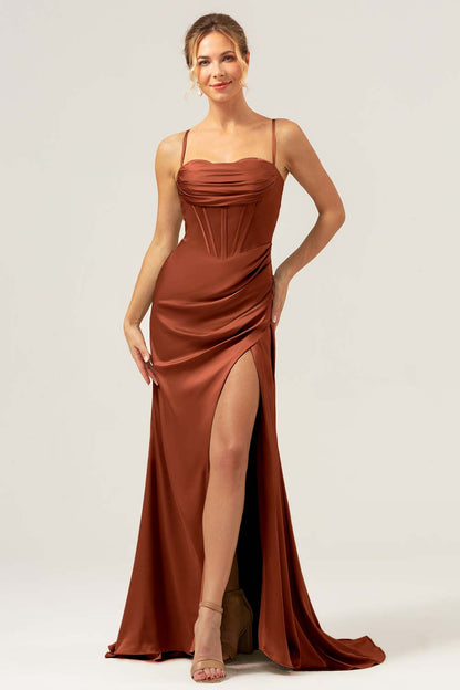 Sage Mermaid Spaghetti Straps Corset Satin Bridesmaid Dress with Slit