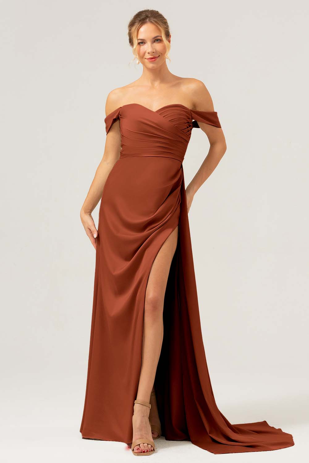 Sage Mermaid Off The Shoulder Pleated Satin Bridesmaid Dress with Slit