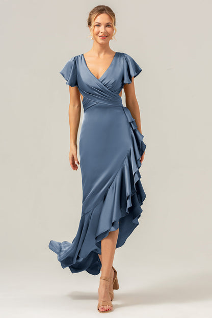 Olive A Line V Neck Satin Asymmetrical Bridesmaid Dress with Ruffle Slit