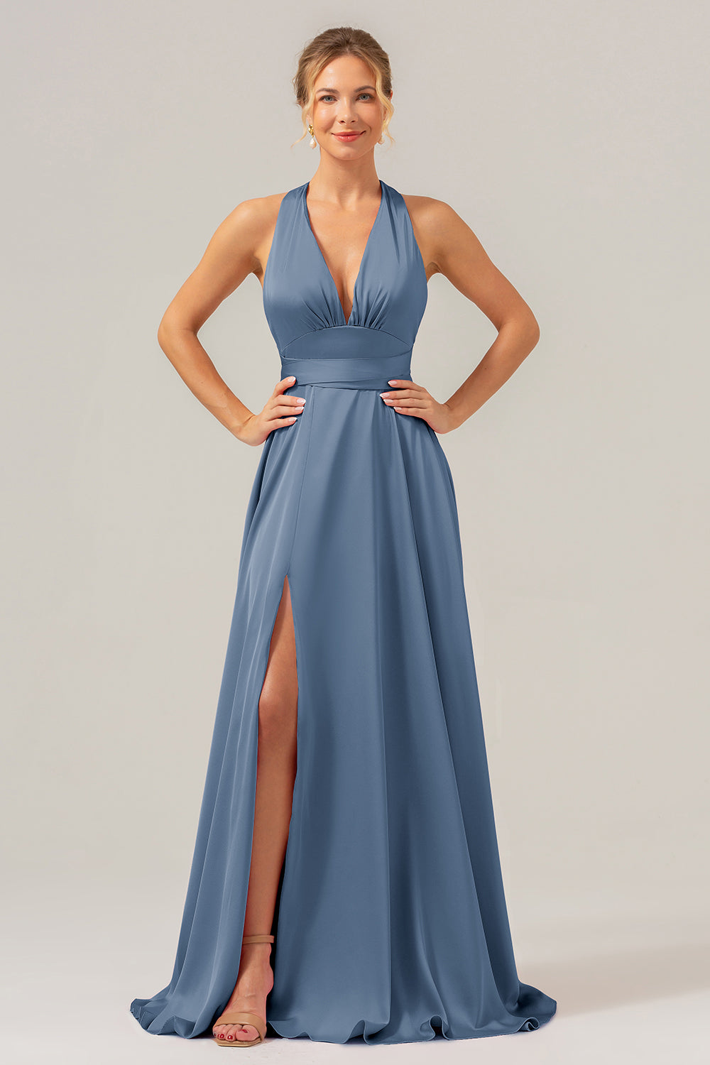 Pink A Line V-Neck Backless Satin Long Bridesmaid Dress with Slit