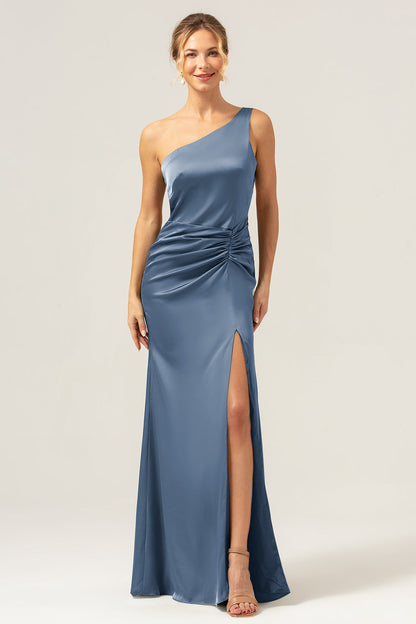 Olive Mermaid One Shoulder Backless Satin Long Bridesmaid Dress