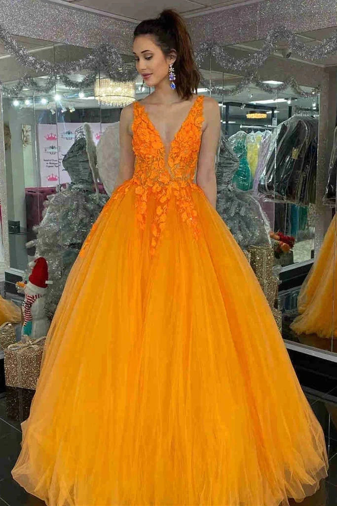 LTP1594,Gorgeous Orange Tulle Prom Dresses,V-Neck Floral Applique Long Evening Dresses