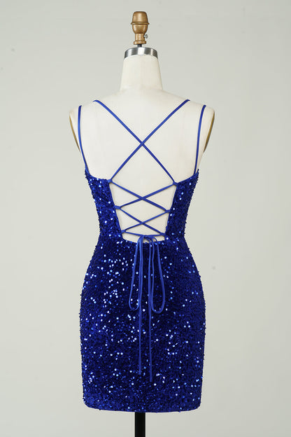 Sheath Royal Blue Sequins Short Homecoming Dress with Criss Cross Back