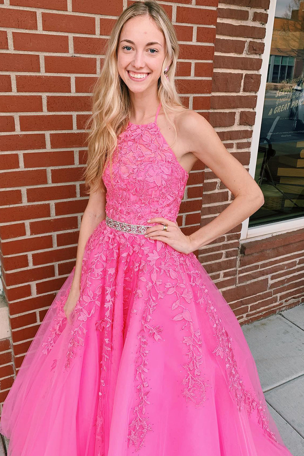 Nyla |A-line Hot Pink Halter Tulle Prom Dress With Appliques