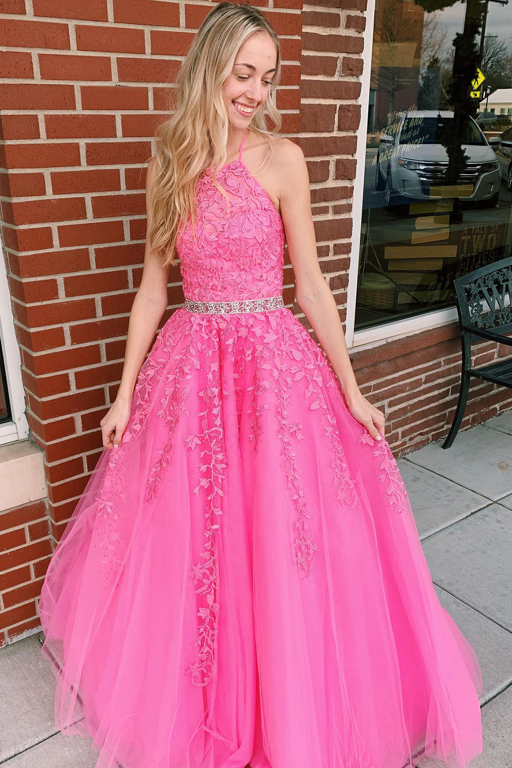 Nyla |A-line Hot Pink Halter Tulle Prom Dress With Appliques