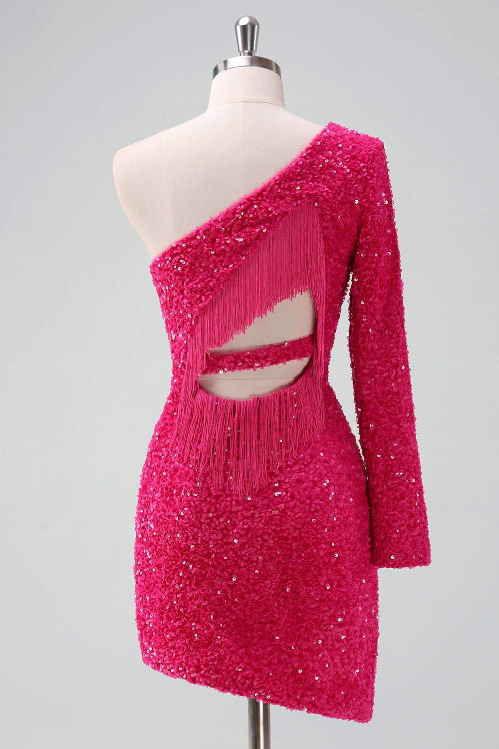 Sparkly Fuchsia One Shoulder Sequin Tight Short Homecoming Dress with Fringe